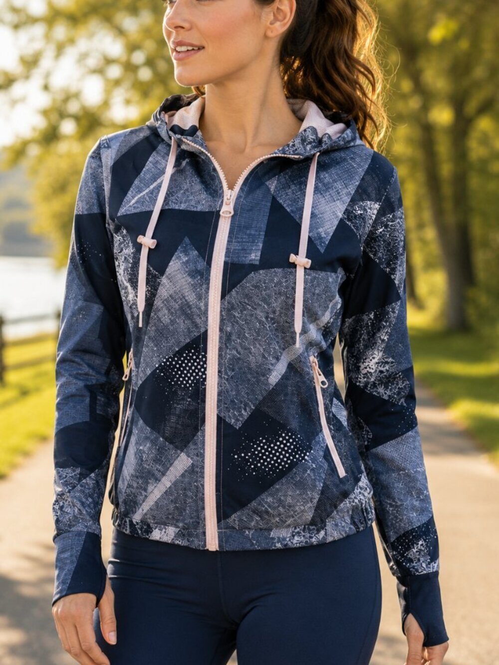 Zyia Active Radical Hooded Running Jacket Blue Geometric Thumbhole XS